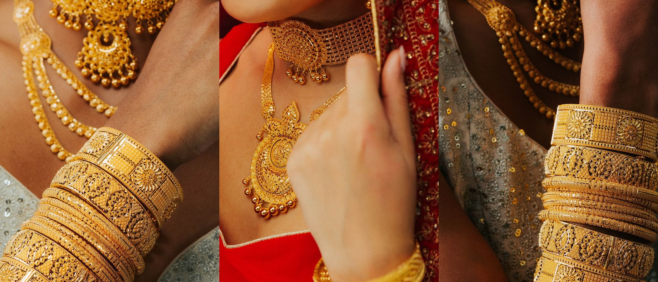 Models wearing 22k gold bangles, layered necklaces and a choker, Sonei Jewellers Surrey
