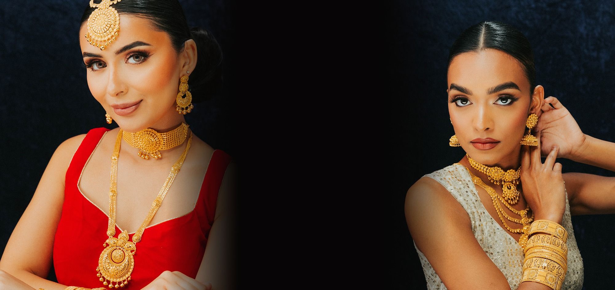 Bridal models wearing 22k gold long haar, choker and jhumka earrings, Sonei Jewellers Surrey