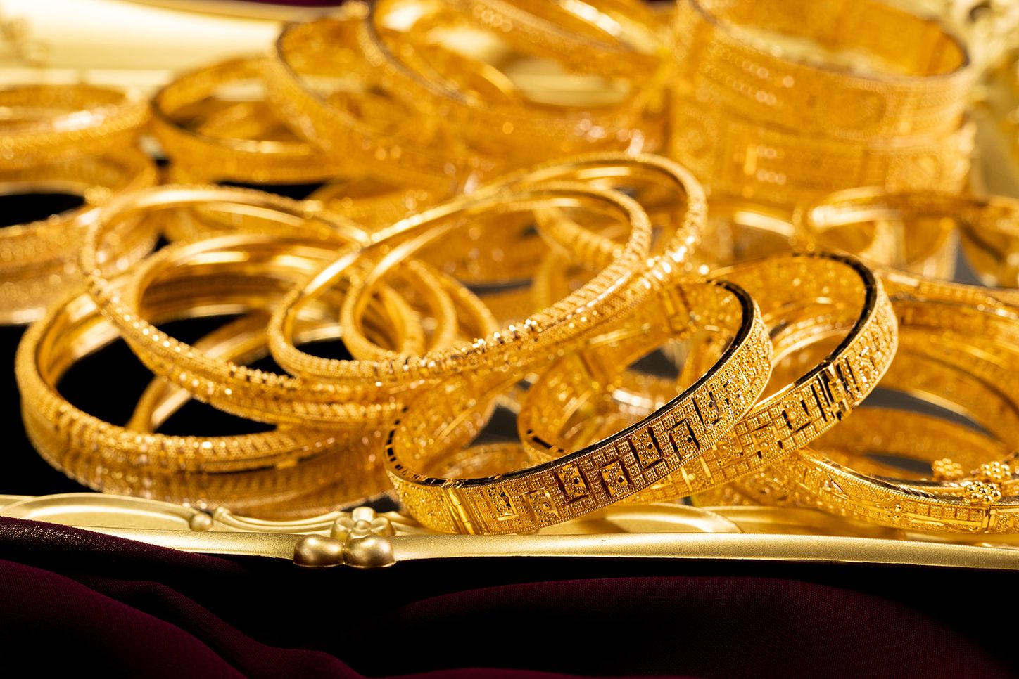 22k gold bangles on a tray, bangle sizing at Sonei Jewellers Surrey