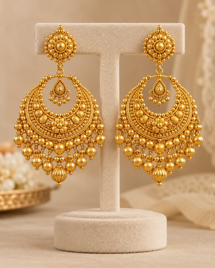 Chandbali earrings, gold earring at Sonei Jewellers Surrey