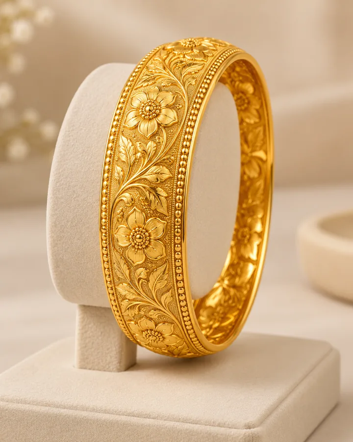 Floral engraved bangle, gold bangle at Sonei Jewellers Surrey