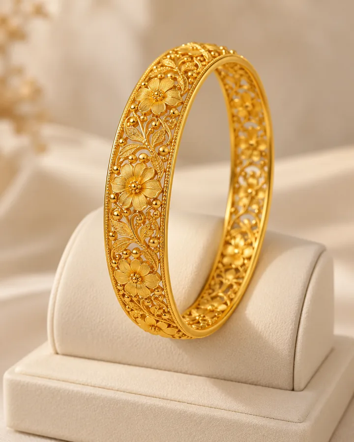 Floral filigree bangle, gold bangle at Sonei Jewellers Surrey