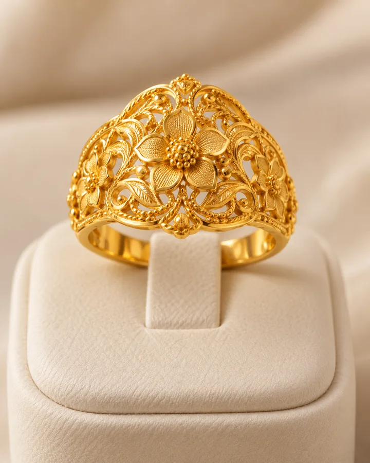 Floral filigree ring, gold ring at Sonei Jewellers Surrey