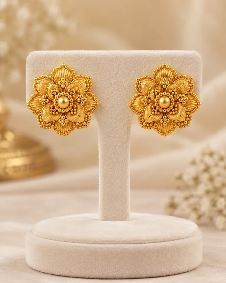 Flower stud earrings, gold earring at Sonei Jewellers Surrey