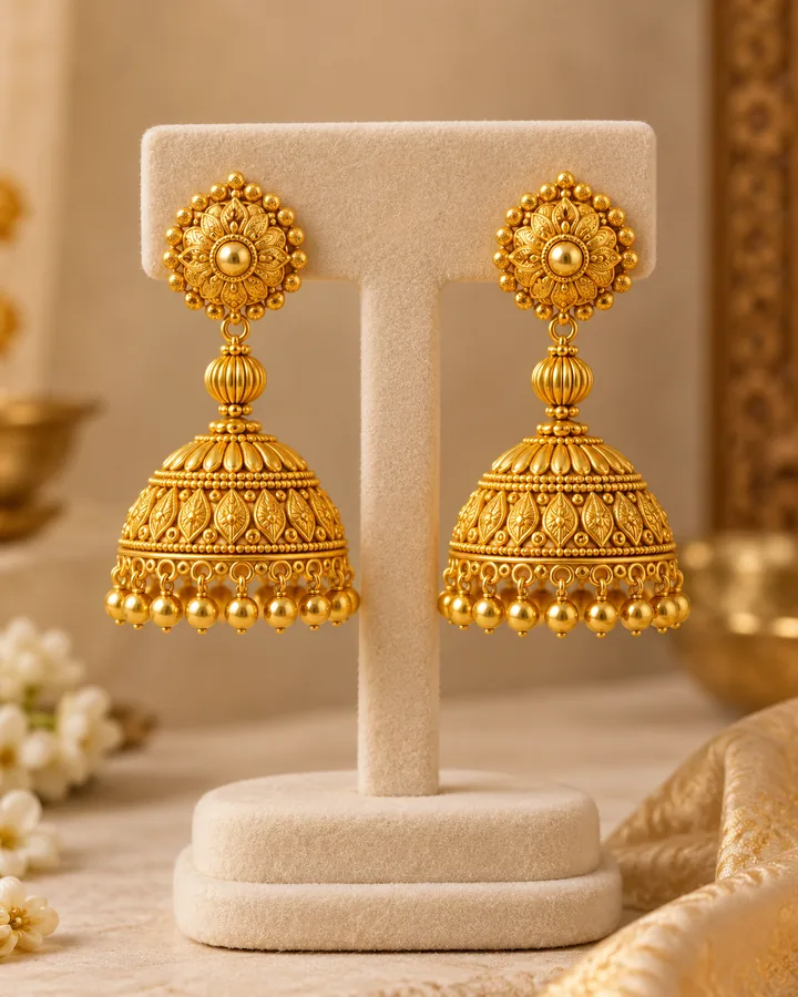 Jhumka earrings, gold earring at Sonei Jewellers Surrey