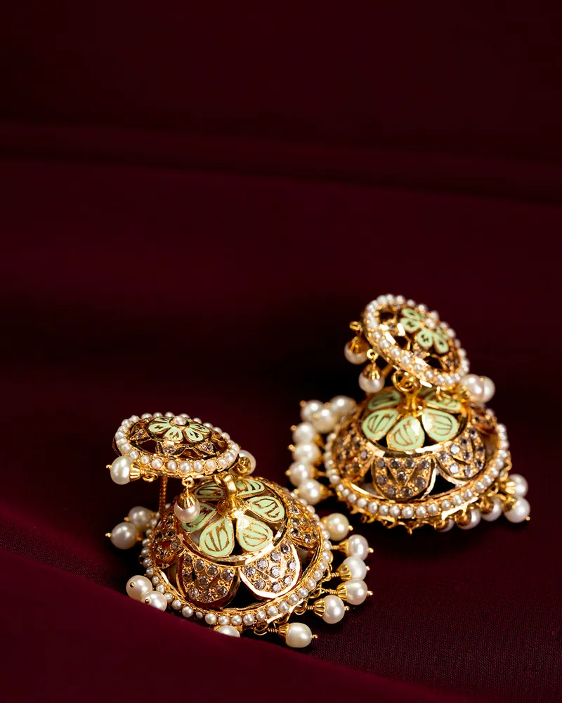 Kundan jhumka earrings, kundan and pearl jewellery piece at Sonei Jewellers Surrey