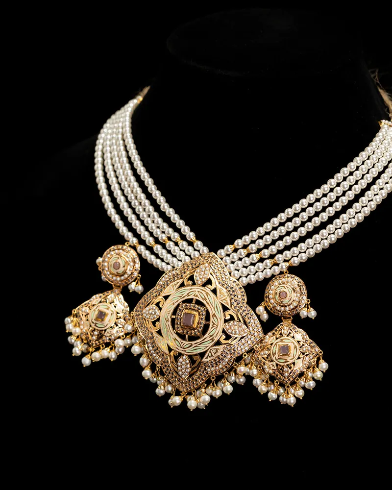 Layered pearl necklace, kundan and pearl jewellery piece at Sonei Jewellers Surrey
