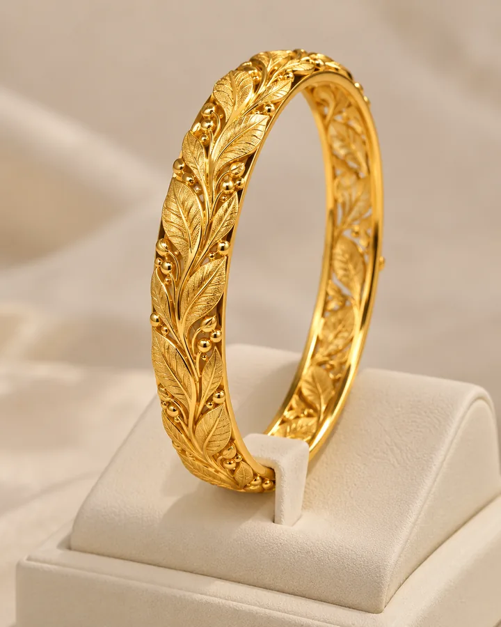 Leaf engraved bangle, gold bangle at Sonei Jewellers Surrey