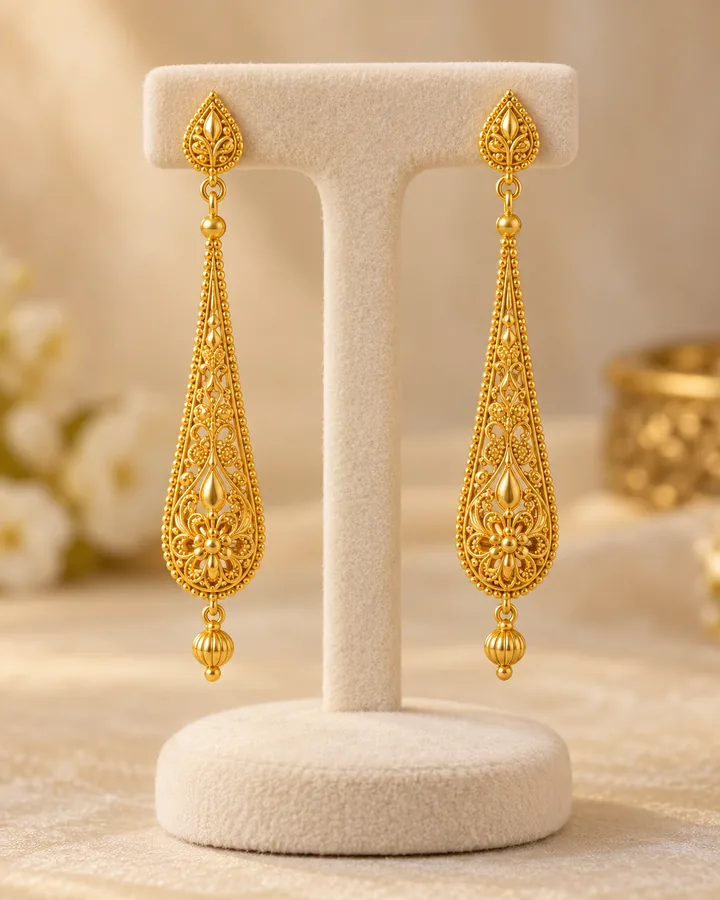 Long drop earrings, gold earring at Sonei Jewellers Surrey