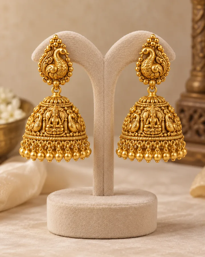Peacock jhumka earrings, gold earring at Sonei Jewellers Surrey