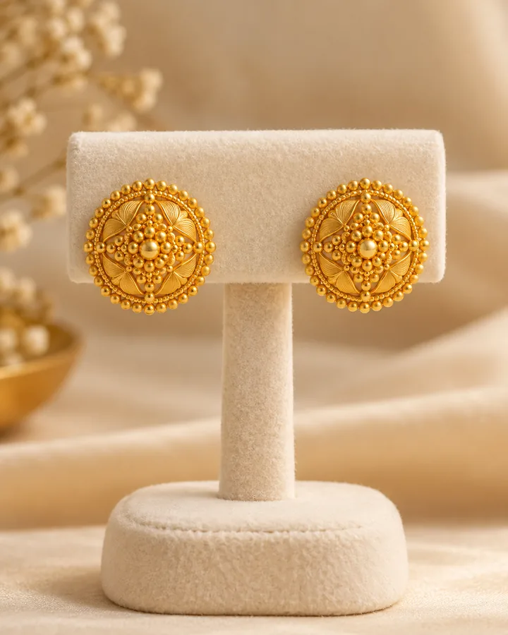 Round filigree stud earrings, gold earring at Sonei Jewellers Surrey