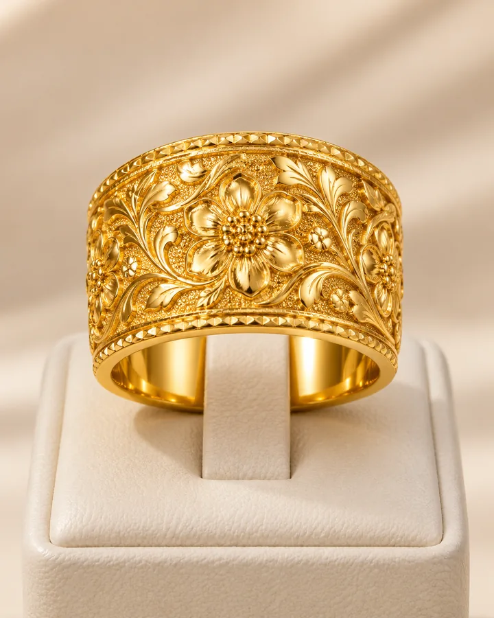 Wide floral engraved ring, gold ring at Sonei Jewellers Surrey