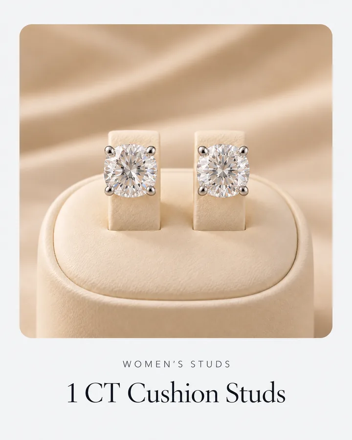 1 CT Cushion Studs, diamond stud earring at Sonei Jewellers Surrey