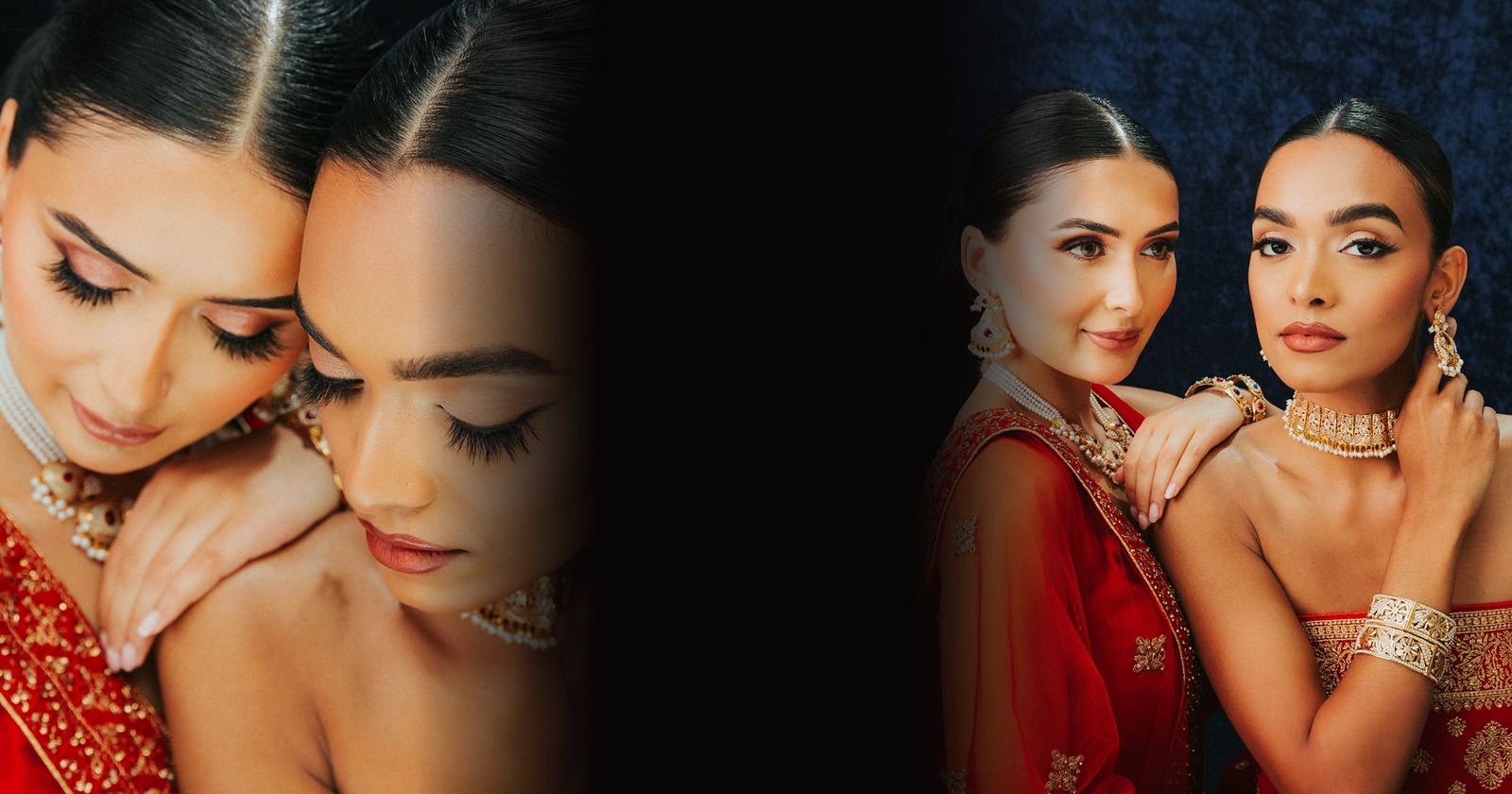 Two models wearing 22k gold and kundan jewellery, custom jewellery at Sonei Jewellers Surrey