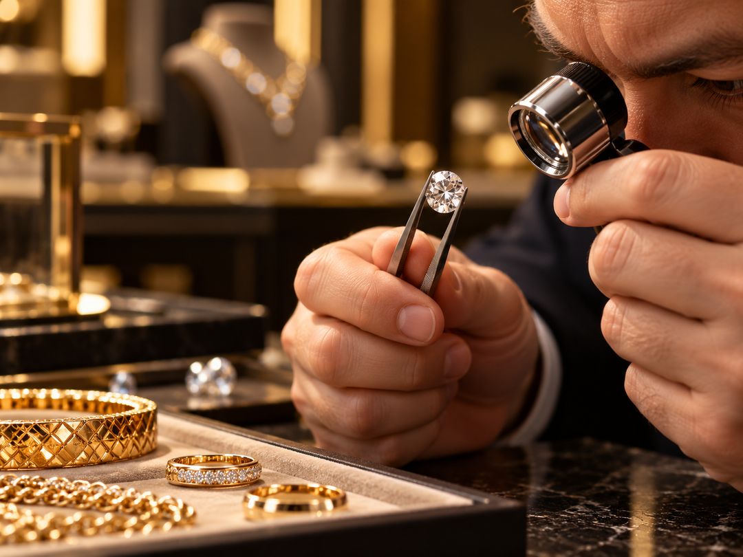 Jeweller appraising a diamond with a loupe at Sonei Jewellers Surrey