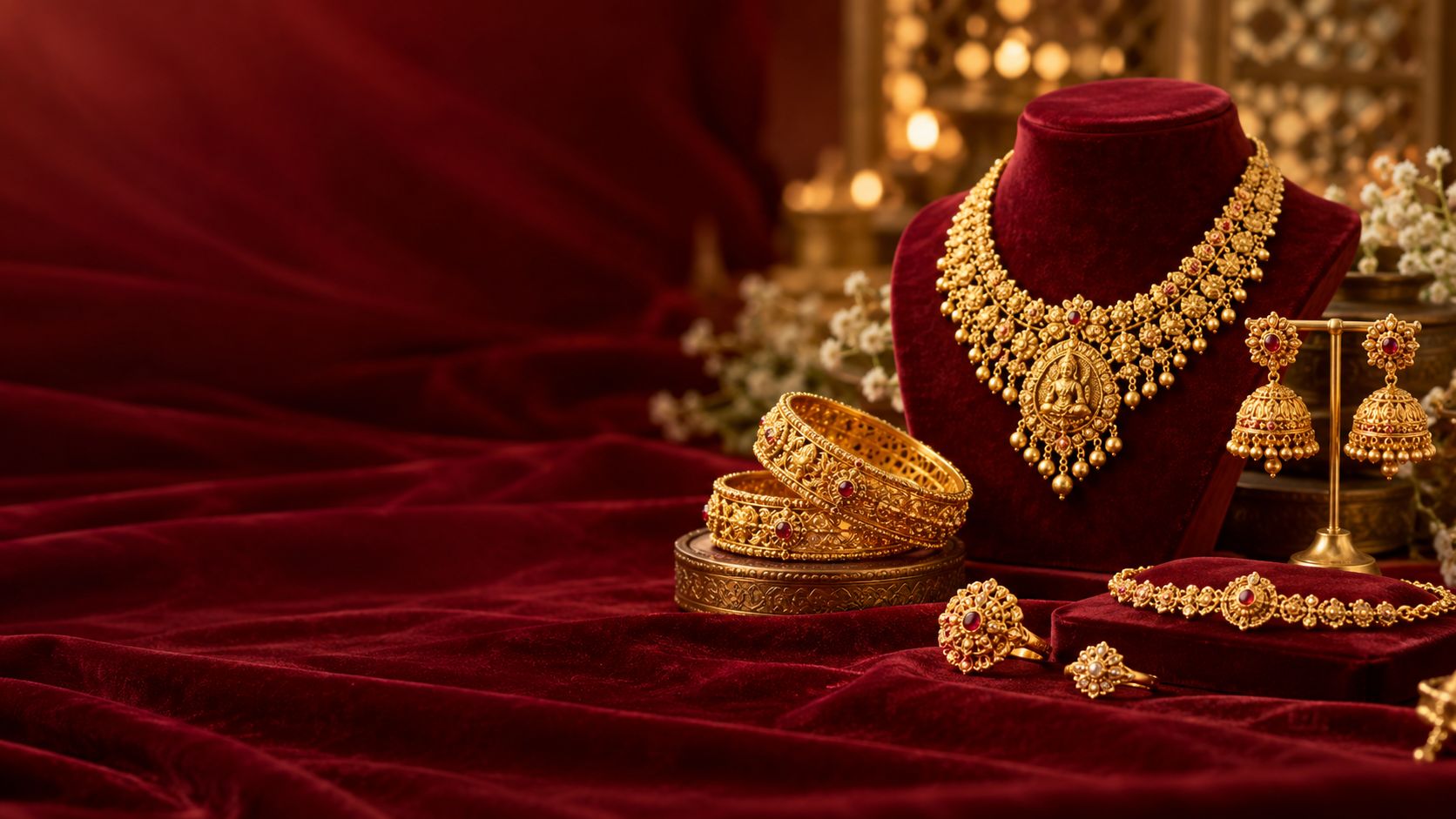 22k gold necklace set, bangles and rings on green velvet, Sonei Jewellers Surrey