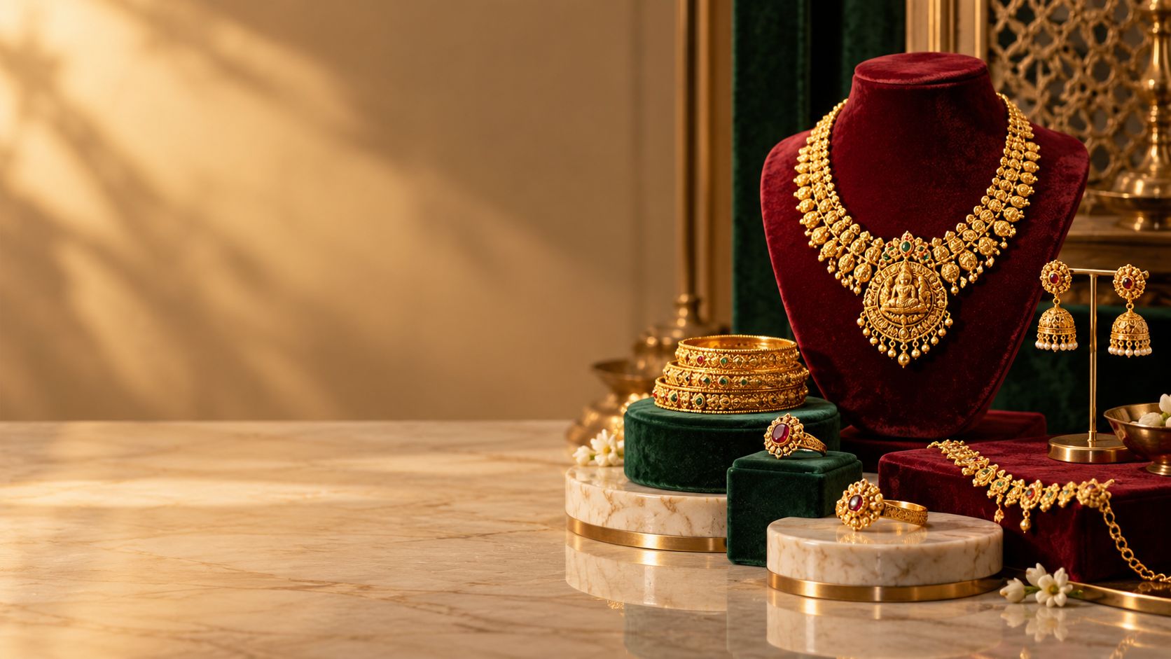 22k gold necklace set, bangles and rings on marble and velvet, Sonei Jewellers Surrey