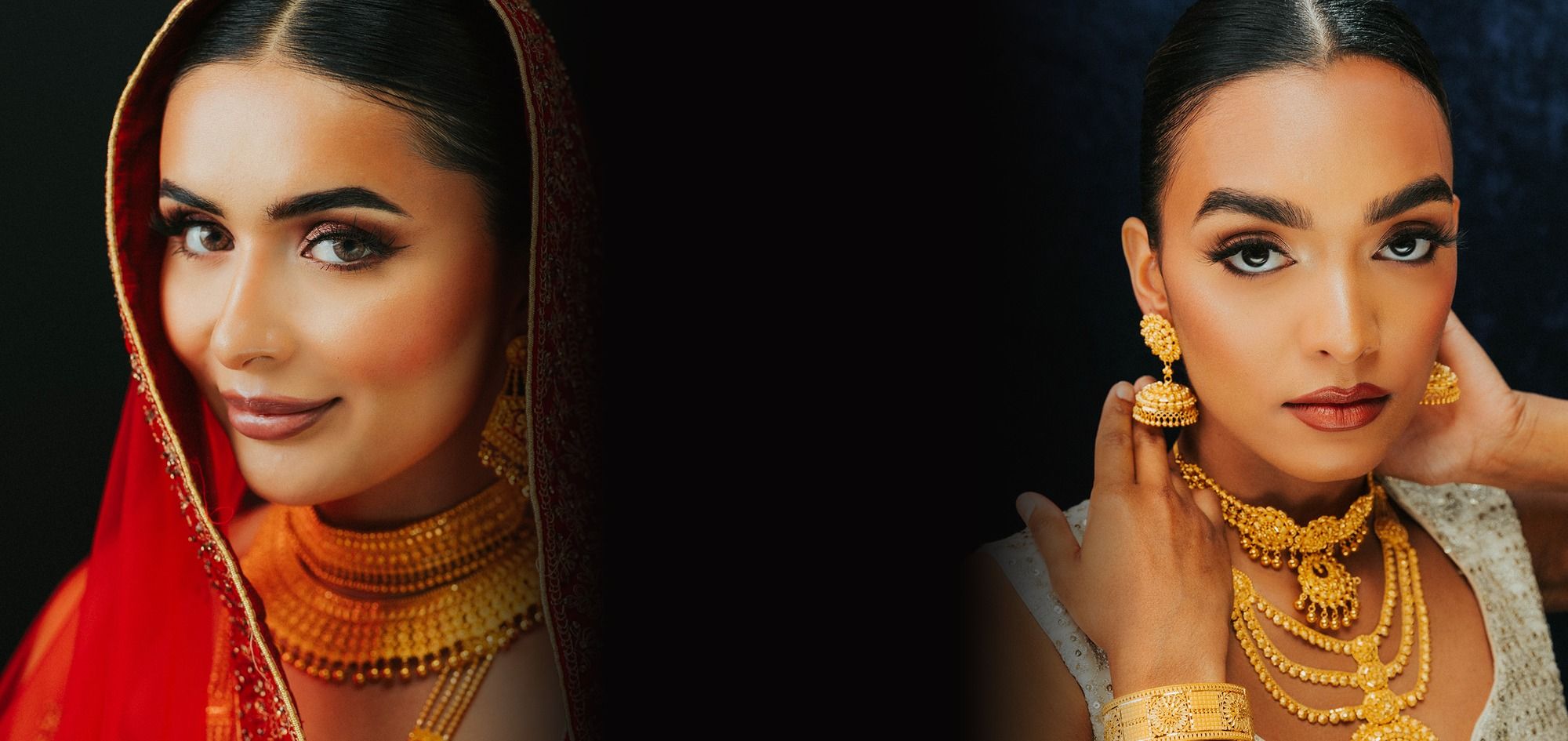 Models wearing 22k gold choker sets, necklaces and earrings, Sonei Jewellers Surrey