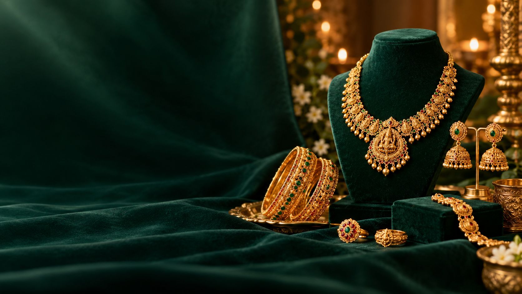 22k gold necklace set, bangles and jhumka earrings on red velvet, Sonei Jewellers Surrey