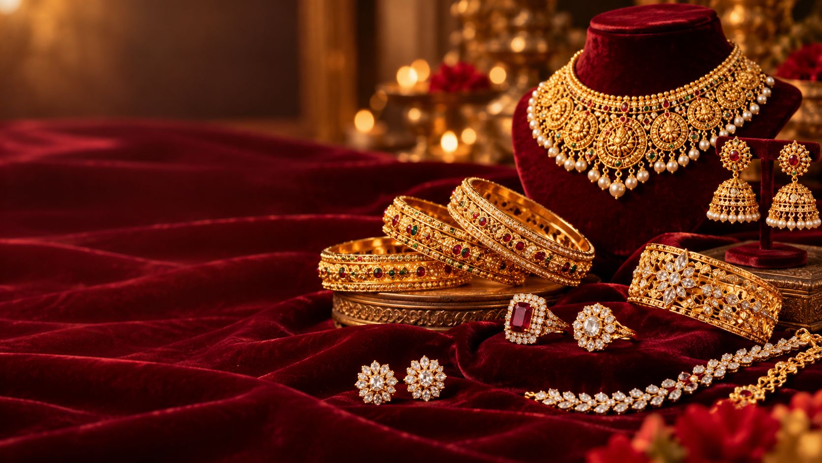 22k gold necklace, bangles, rings and earrings on red velvet, Sonei Jewellers Surrey