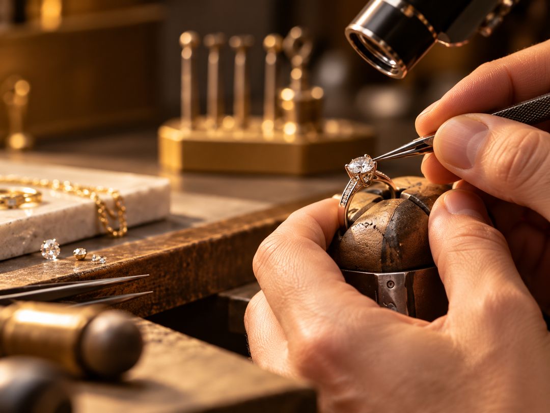 Jeweller repairing a diamond ring setting at Sonei Jewellers Surrey